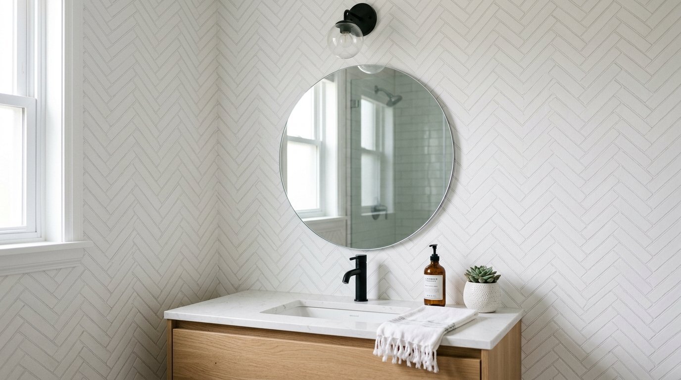 Round mirror hanging above a wooden vanity with white countertop and black faucet in a herringbone tiled bathroom.