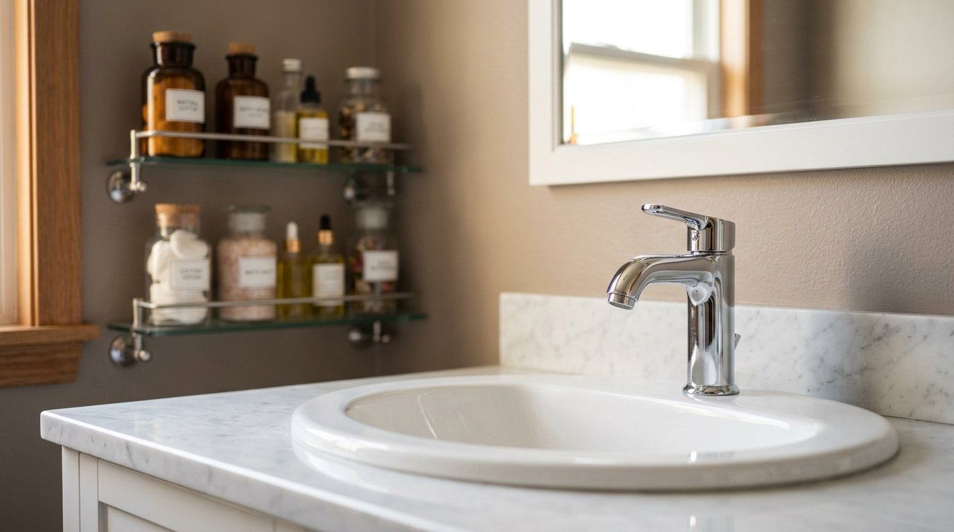 Close up of a bathroom sink featuring a chrome faucet, marble countertop, and glass shelving with apothecary jars.