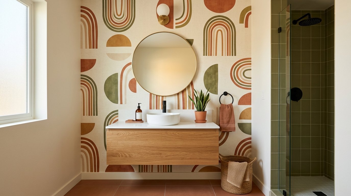 A bathroom vanity with round mirror and colorful arch wallpaper features a snake plant and terracotta tile floor.
