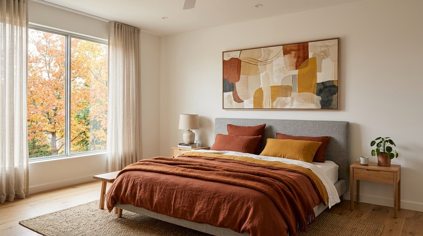 Modern bedroom with an upholstered grey bed, rust-colored linens, and autumn foliage visible through the large window.