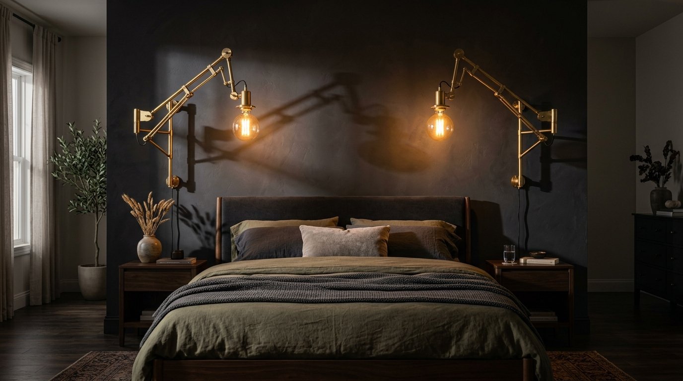 Two gold industrial swing-arm lamps mounted on a dark grey accent wall over a green bed.