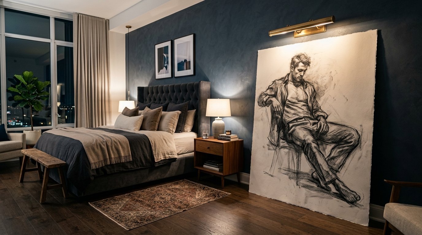 Large framed drawing of a seated man leaning against a deep blue wall in a contemporary bedroom.