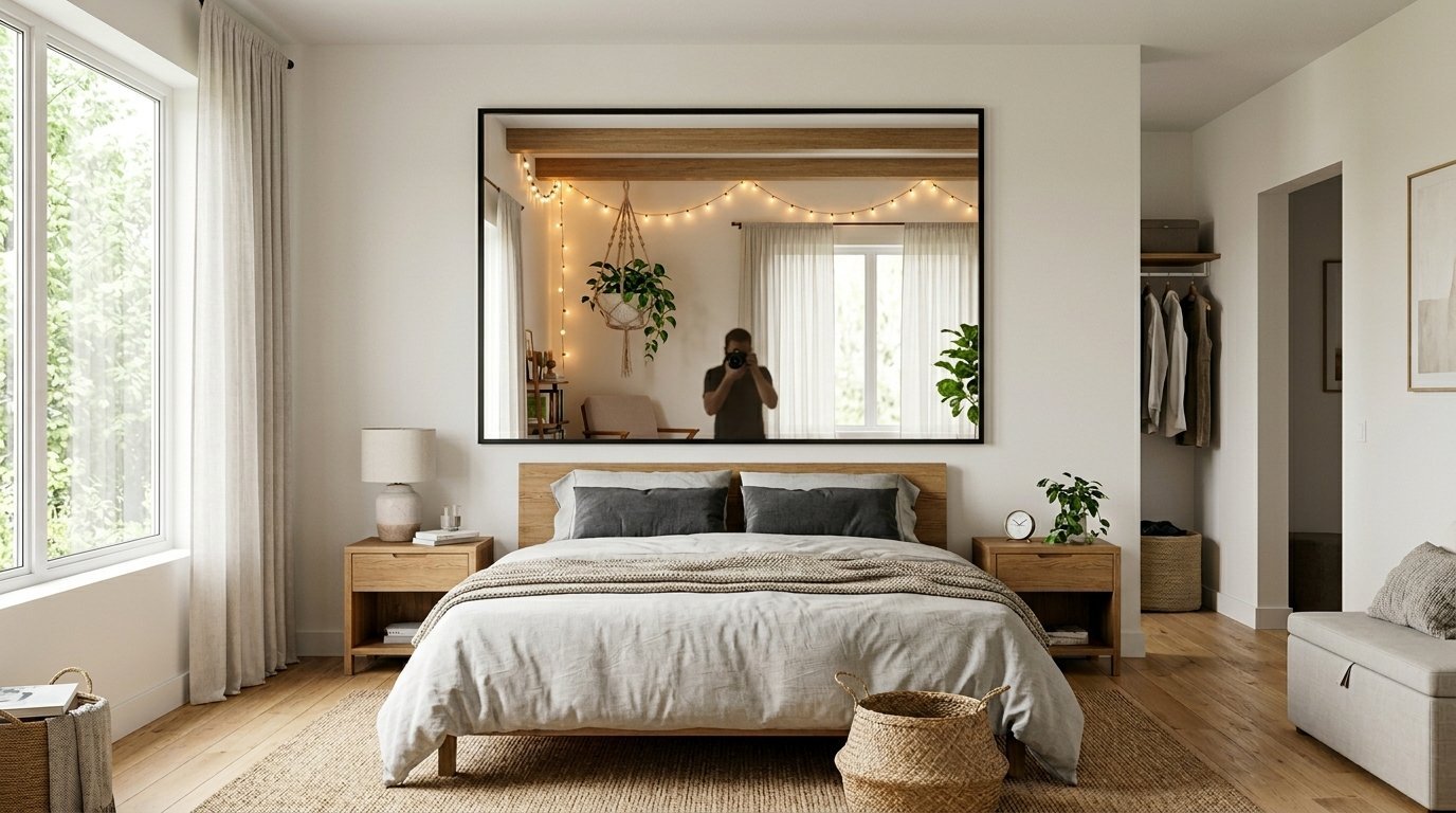 Bedroom interior featuring a neutral bed with gray pillows and a large rectangular mirror reflecting fairy lights.