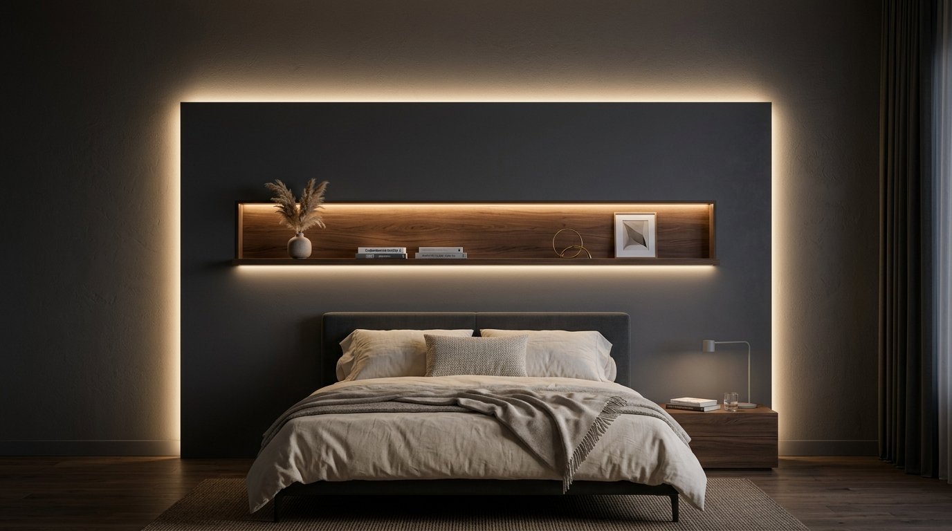 A modern bed centered beneath a recessed wood shelf with soft backlight against a dark charcoal accent wall.