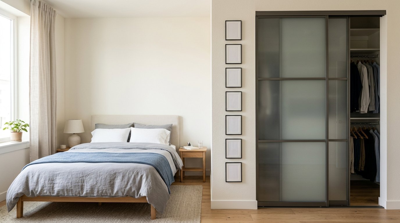 A beige bedroom with a bed, nightstand, and a contemporary closet with frosted sliding doors.