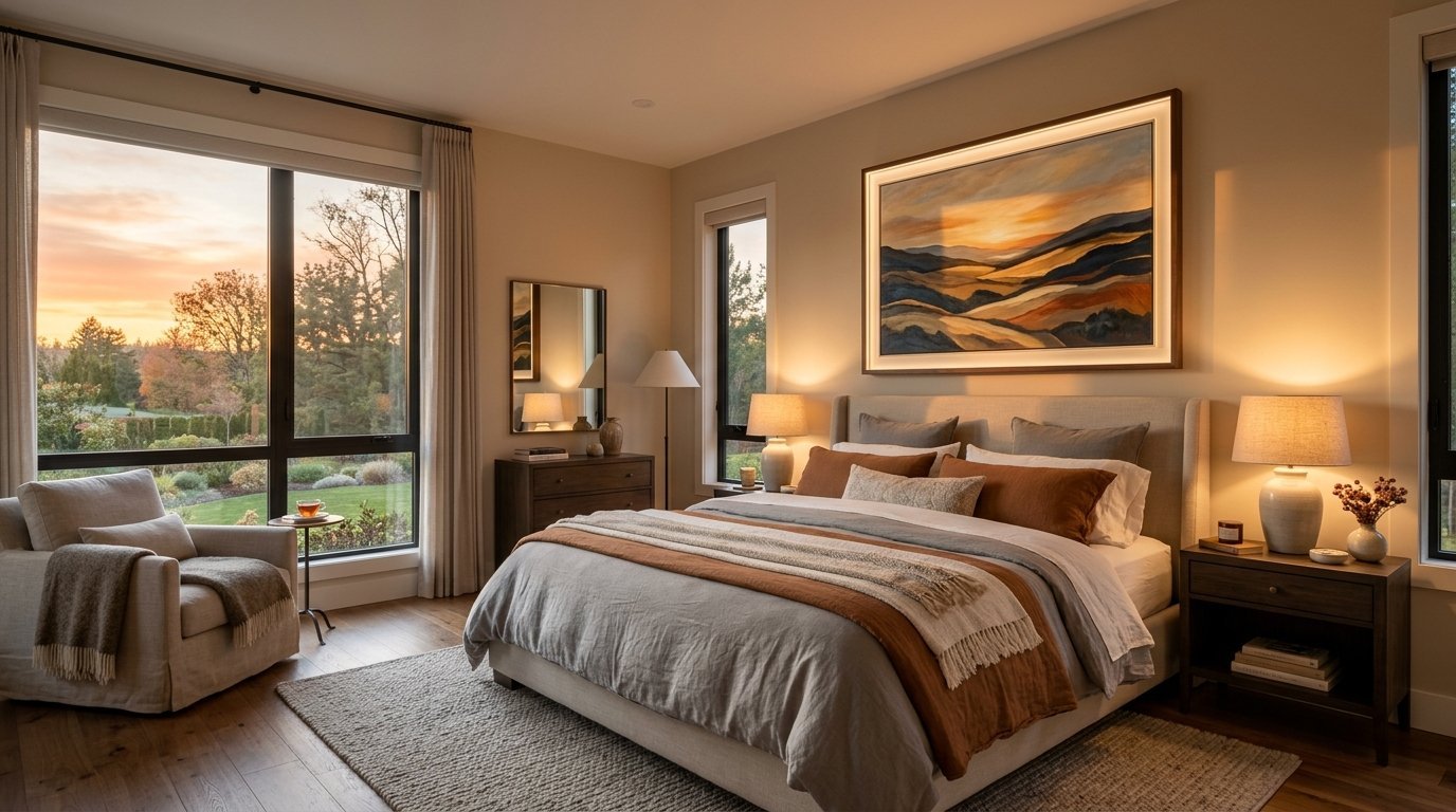 A sunlit bedroom features a bed with terracotta accents, a cozy armchair, and abstract landscape painting on wall.