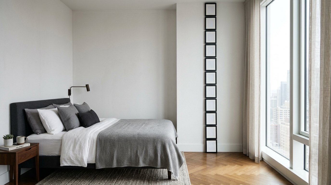 A modern bedroom with a grey bed and a tall, narrow column of ten empty black frames mounted on the white wall.