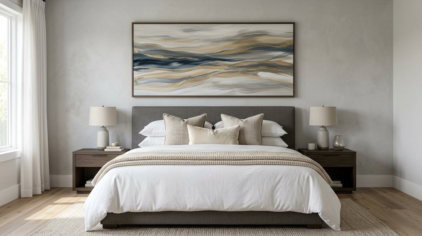 Contemporary bedroom interior with a grey upholstered bed and framed neutral wave art on a light wall.