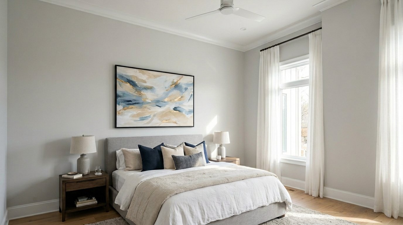 Neutral bedroom with grey upholstered headboard, navy accent pillows, and large abstract landscape painting.
