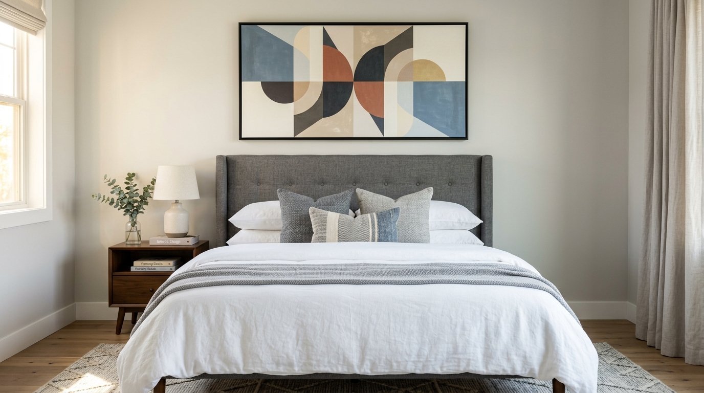 A white bed with grey pillows sits below a large rectangular canvas with colorful geometric shapes.