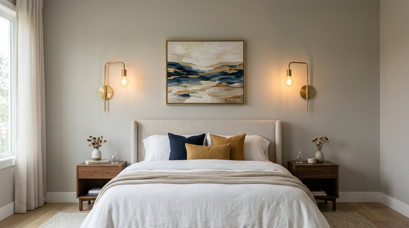 Modern bedroom with an upholstered bed, navy and gold pillows, and walnut nightstands flanking abstract landscape art.