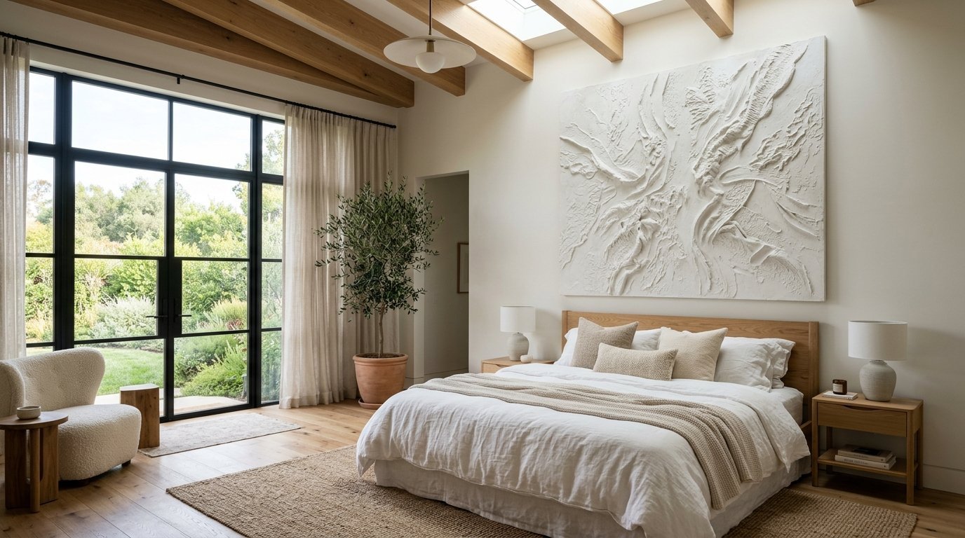 A bright primary bedroom with a white plaster wall sculpture above a wooden platform bed and large garden windows.