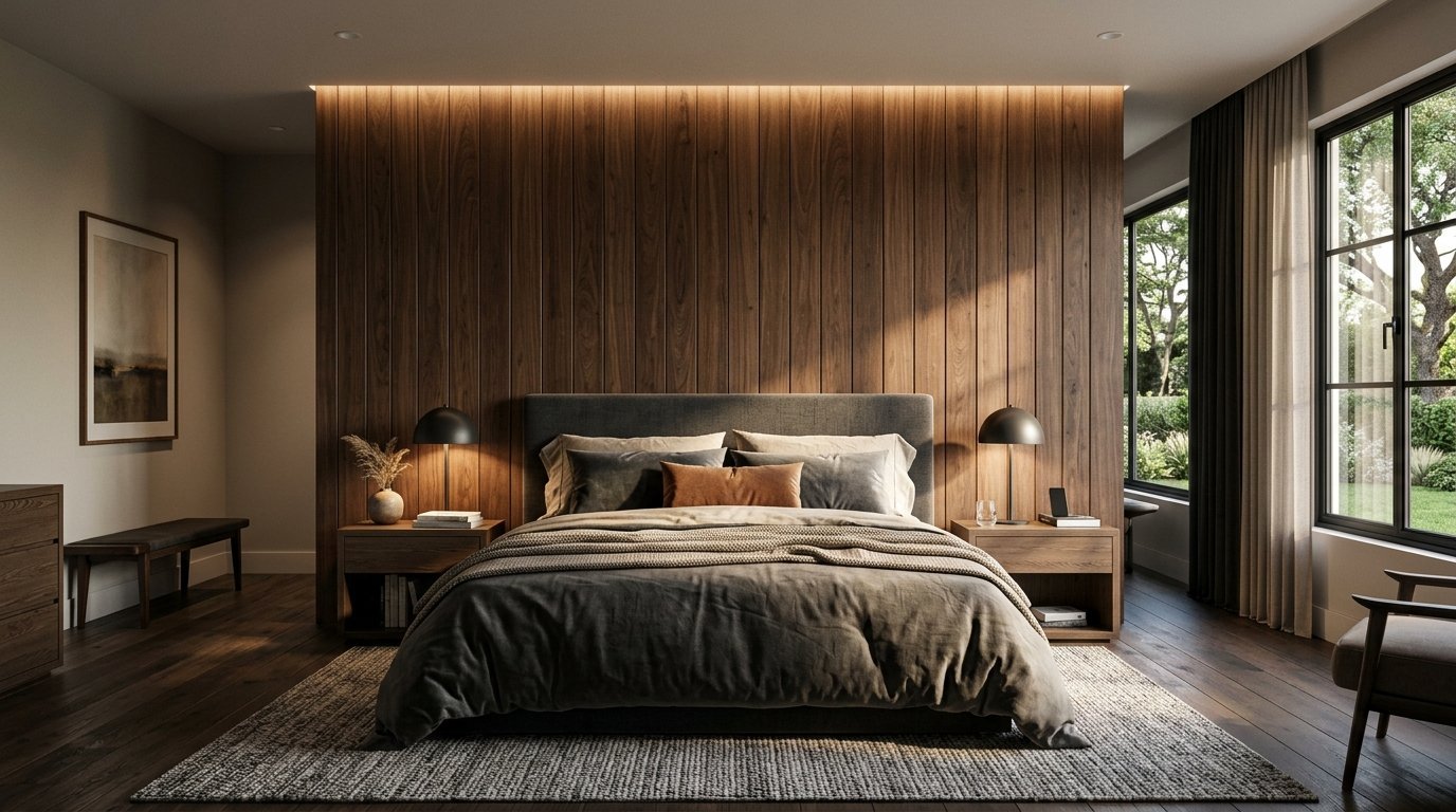 King-size bed centered against a vertical wood panel wall with soft bedside lamp lighting.