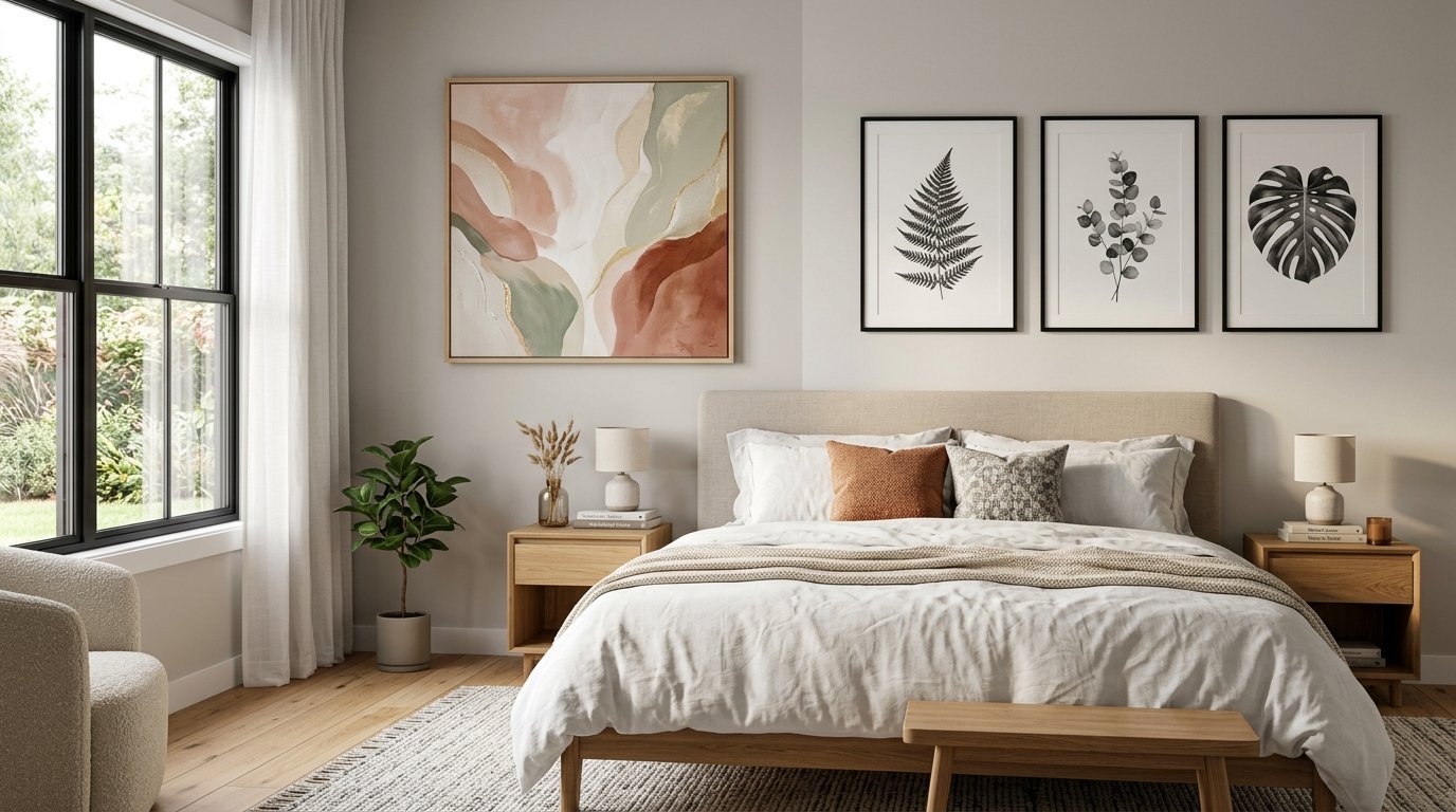 Modern bedroom with a neutral bed, abstract square painting, and three black and white botanical prints on the wall.
