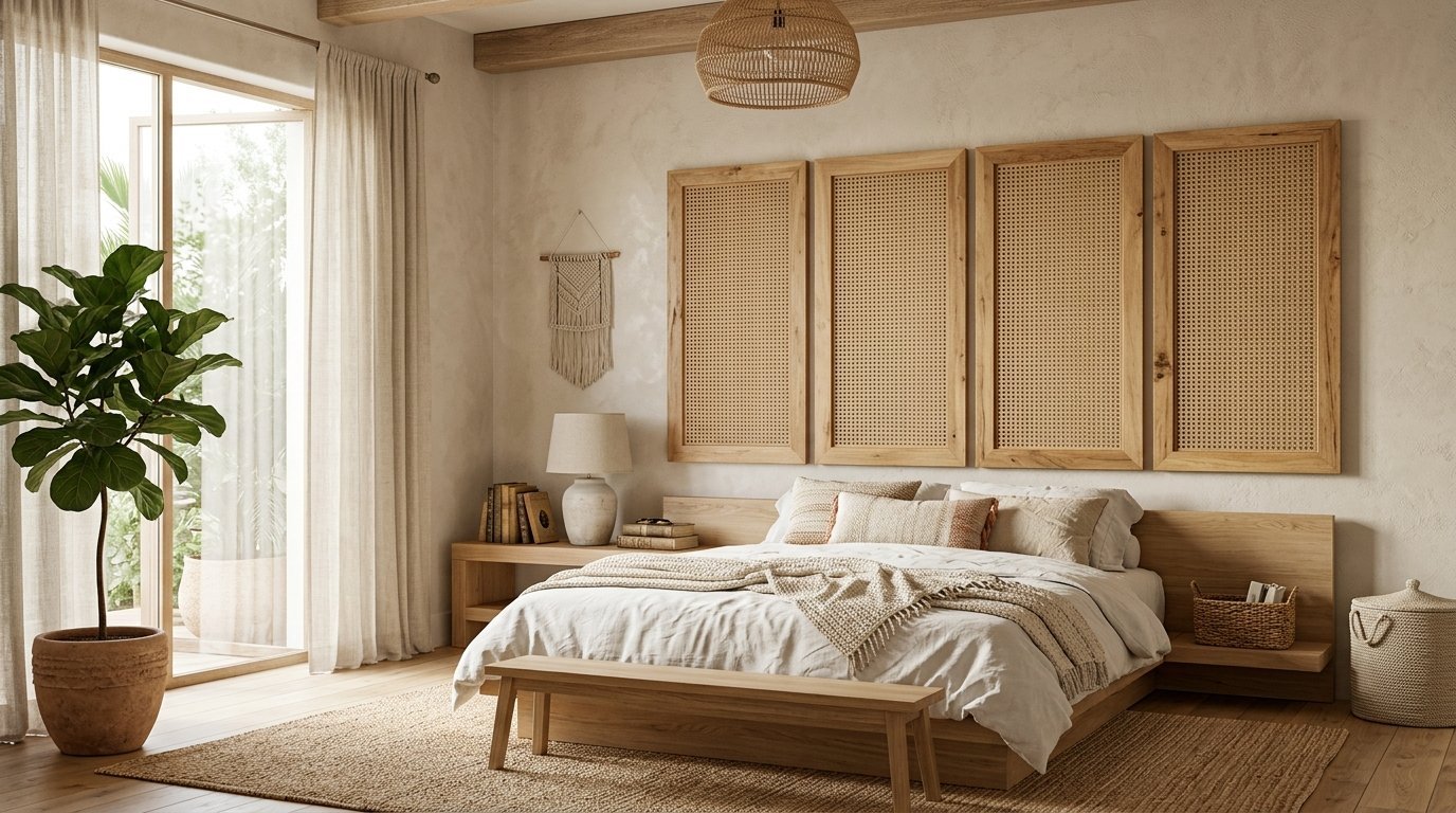 Modern bedroom with a low platform bed, four rattan wall panels, and a large fiddle leaf fig plant.