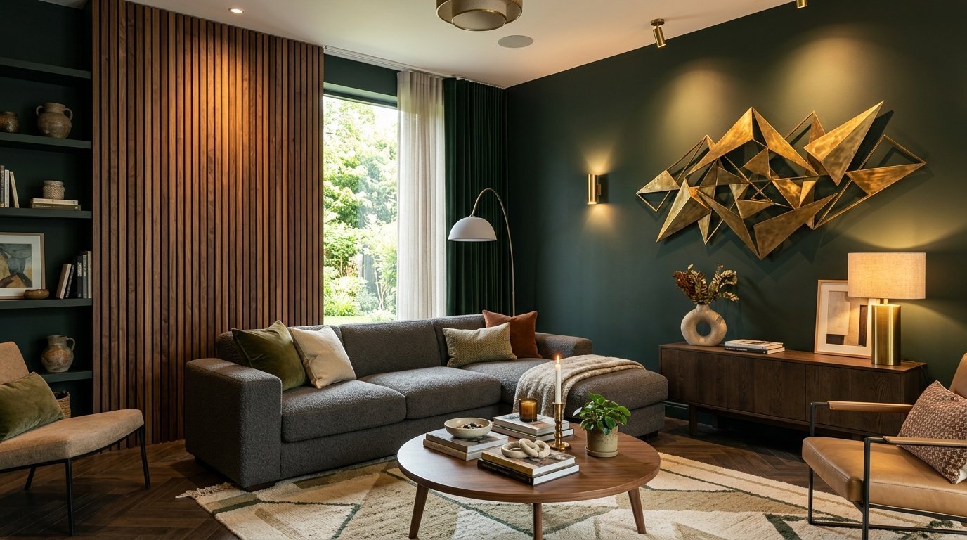 A dark green living room with a grey sectional, wood slat wall, and large gold metallic sculpture on the wall.