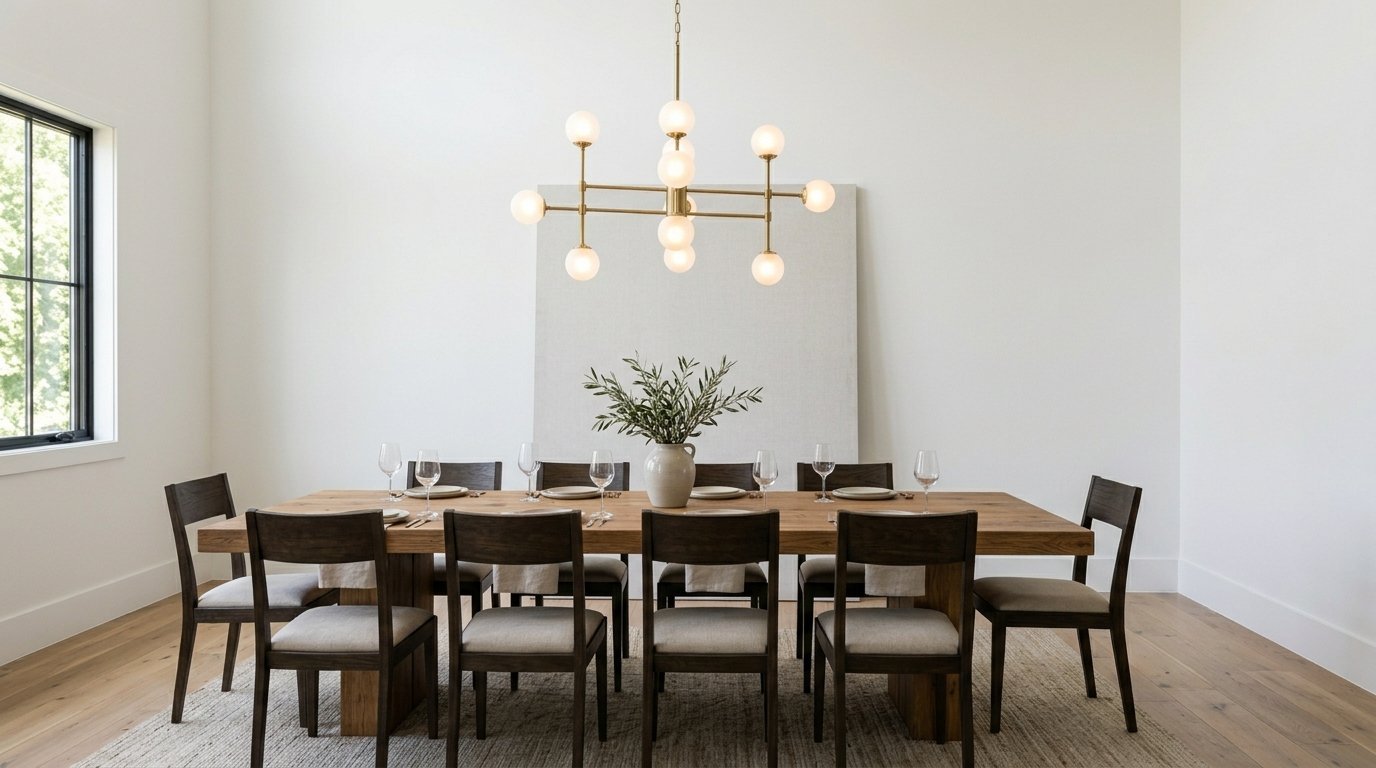 A wooden dining table with eight chairs under a modern brass globe chandelier in a bright white room.