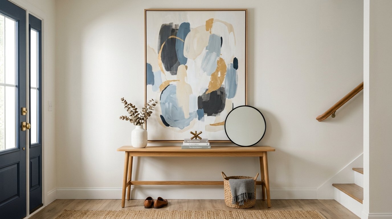 Wooden console table with a vase, books, and round mirror under large blue and gold abstract painting in a hallway.