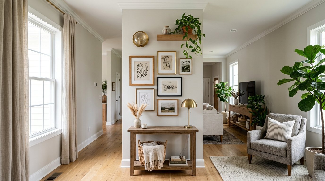 A beige partition wall decorated with various framed botanical prints and gold lighting in a bright living space.