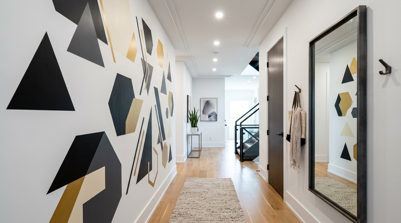 Modern residential hallway with a white wall painted with black and gold geometric shapes and a large mirror.