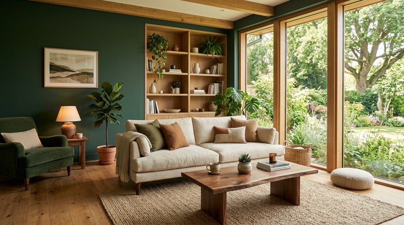A beige sofa and green armchair sit in a sunlight-filled room with floor-to-ceiling windows overlooking a garden.