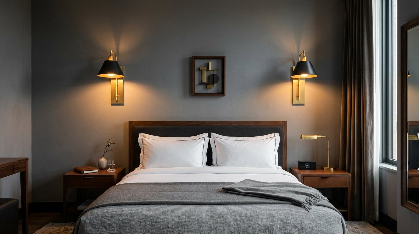 A contemporary bed with grey bedding sits between two wooden nightstands under lit wall sconces.