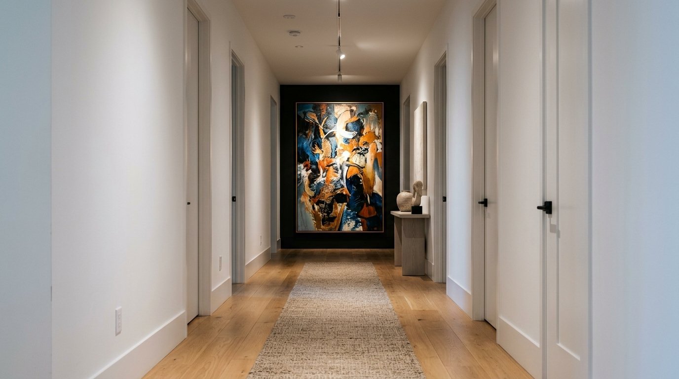 Narrow hallway with hardwood floors and a colorful framed artwork on a dark accent wall at the end.