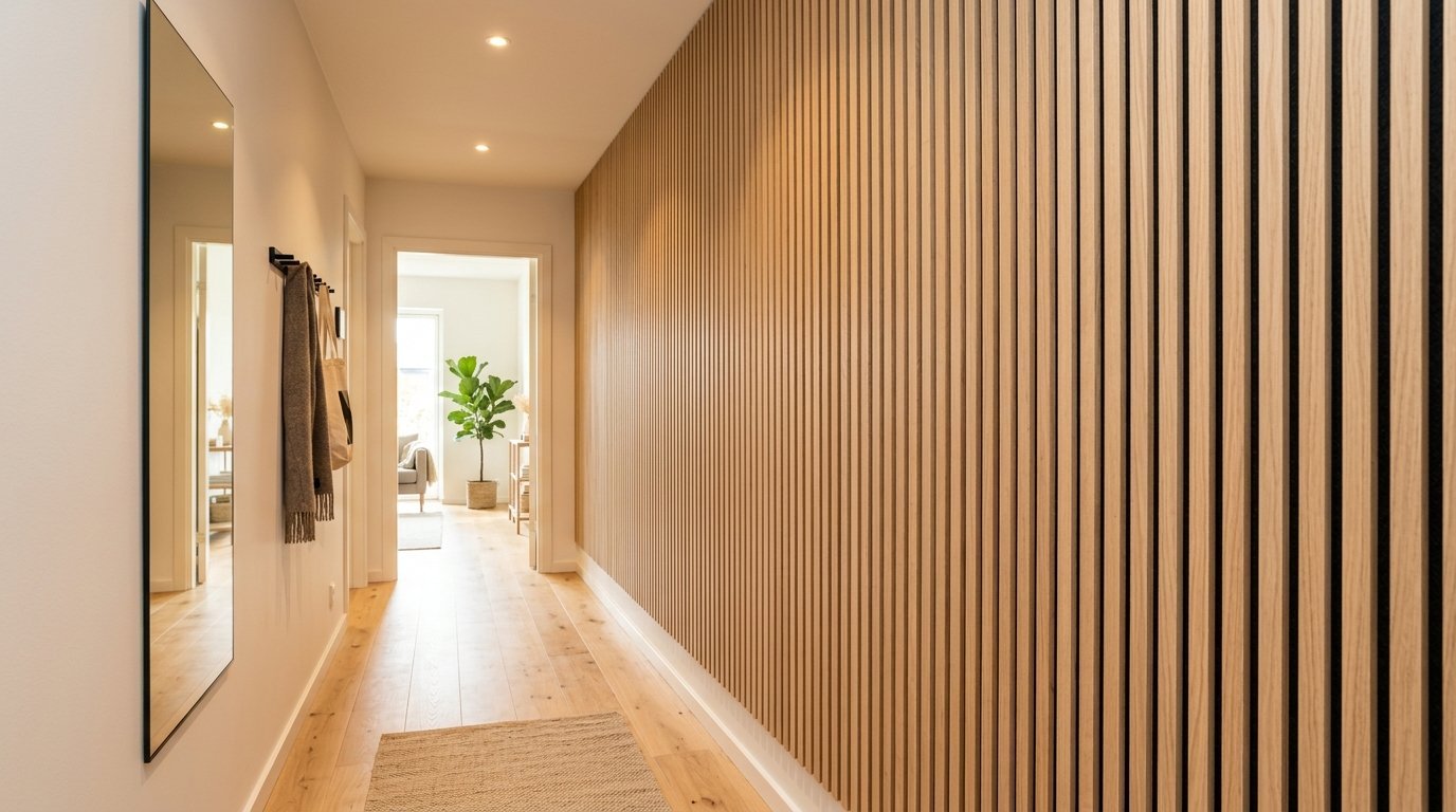 Bright hallway with vertical wood paneling, a wall mirror, and a view into a sunlit room with a green plant.
