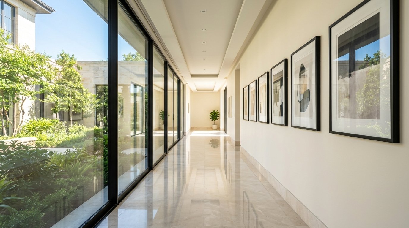 A long hallway with marble floors and black framed art, looking out onto a lush green garden through glass walls.