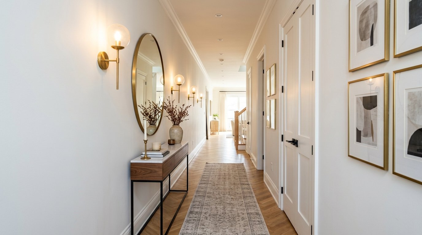 Narrow corridor with herringbone hardwood floors, a console table, and abstract wall art.
