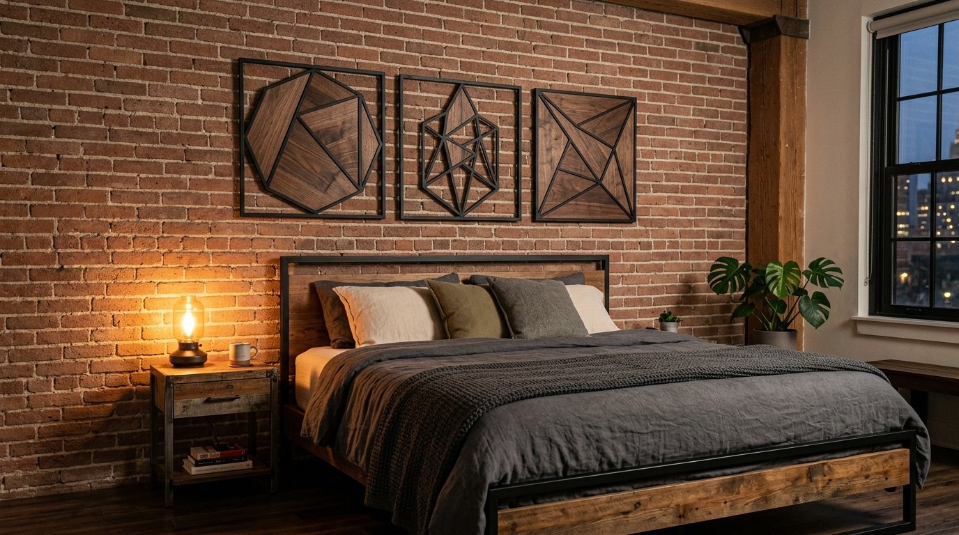 Contemporary bedroom with red brick walls, three geometric wood art pieces, and a dark grey bed.
