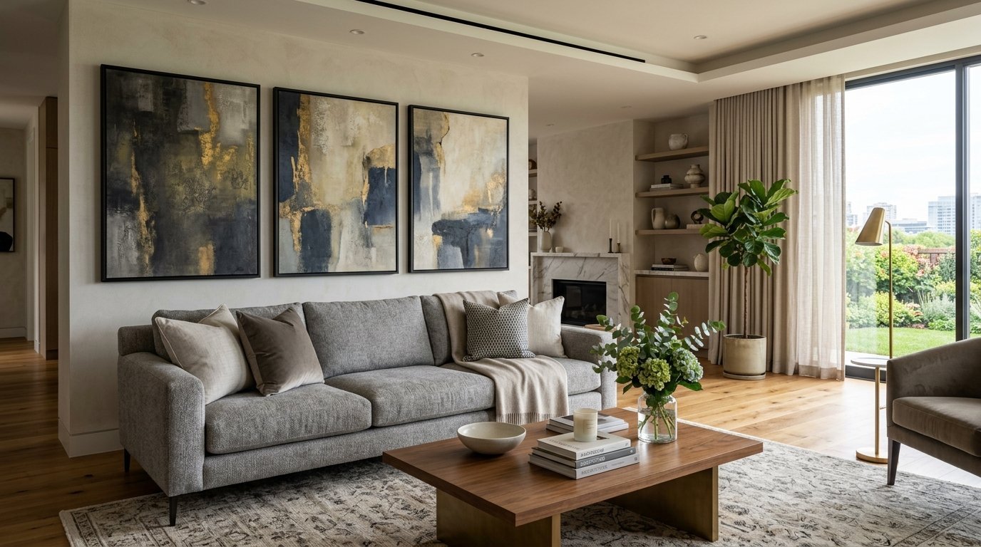 Modern interior featuring a grey sofa, wooden coffee table, and three large abstract paintings on a beige wall.