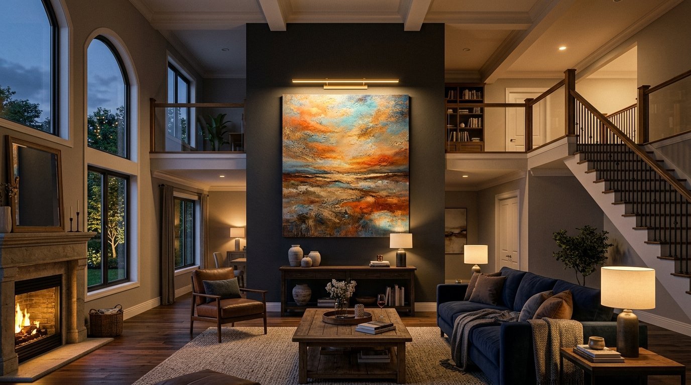 A large textured landscape painting hanging on a dark wall in a luxury home living room with a fireplace and staircase.