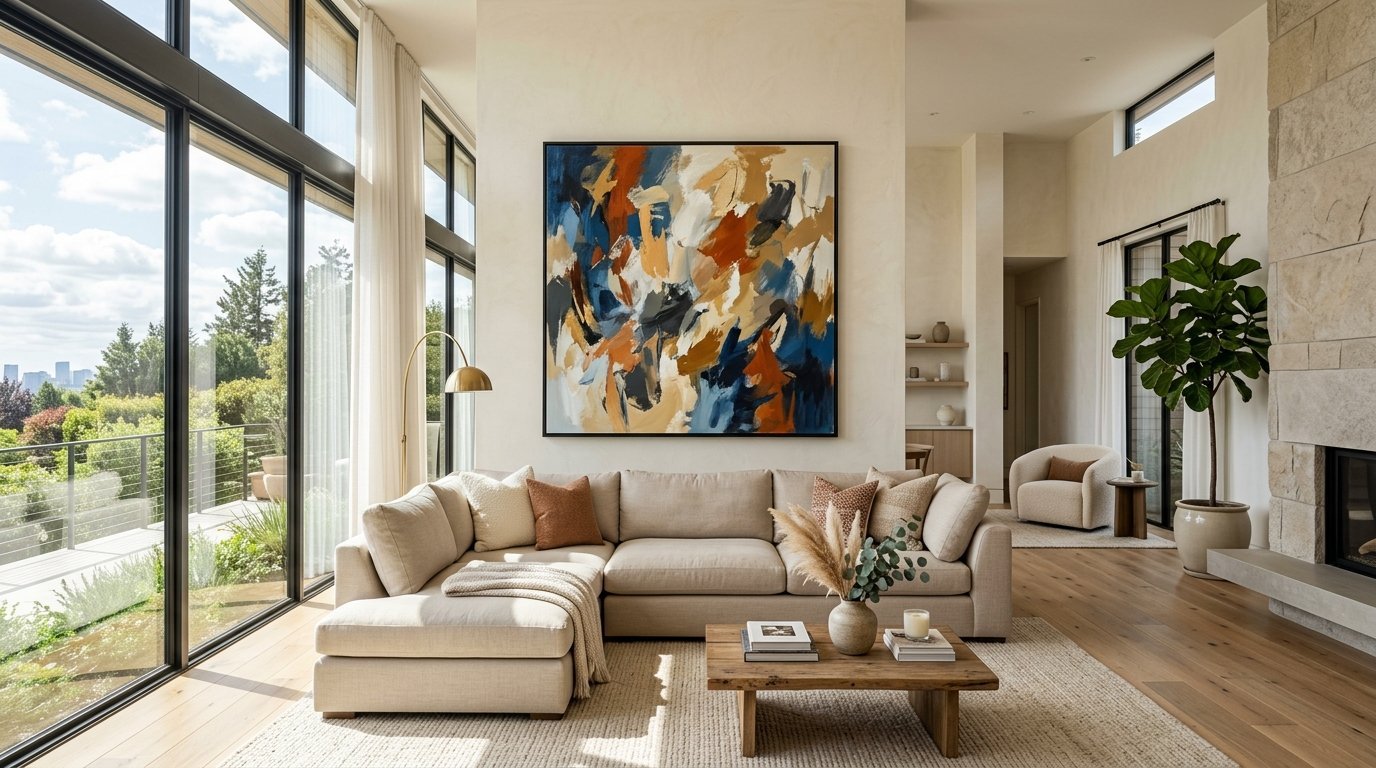 Spacious living room with a cream sectional sofa, abstract wall art, and floor-to-ceiling windows overlooking nature.