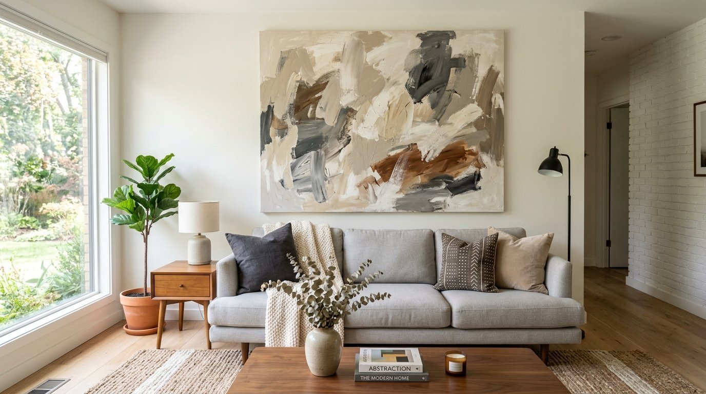 A mid-century modern living room with a neutral sofa, large brushstroke painting, and wood coffee table.