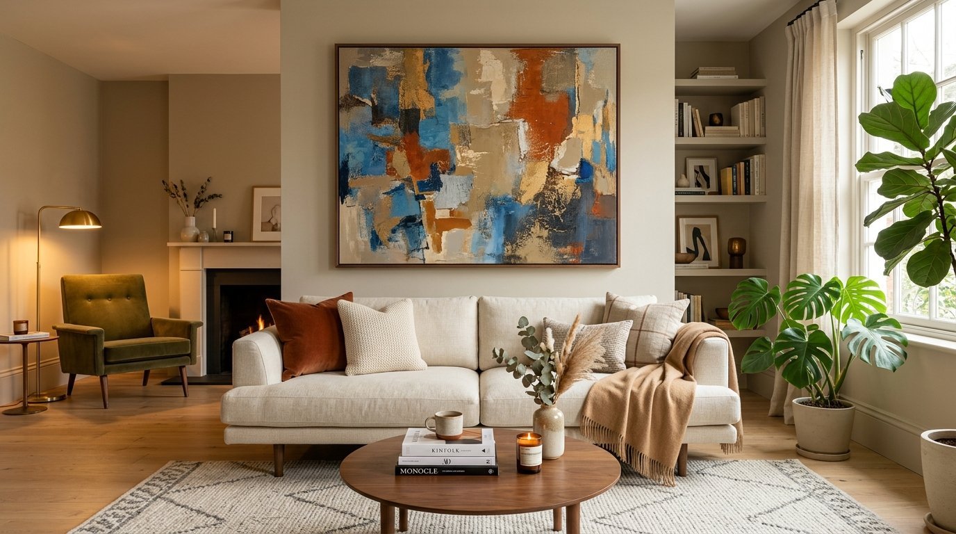 A beige sofa sits in a living room with a large abstract painting, house plants, and a fireplace in the background.