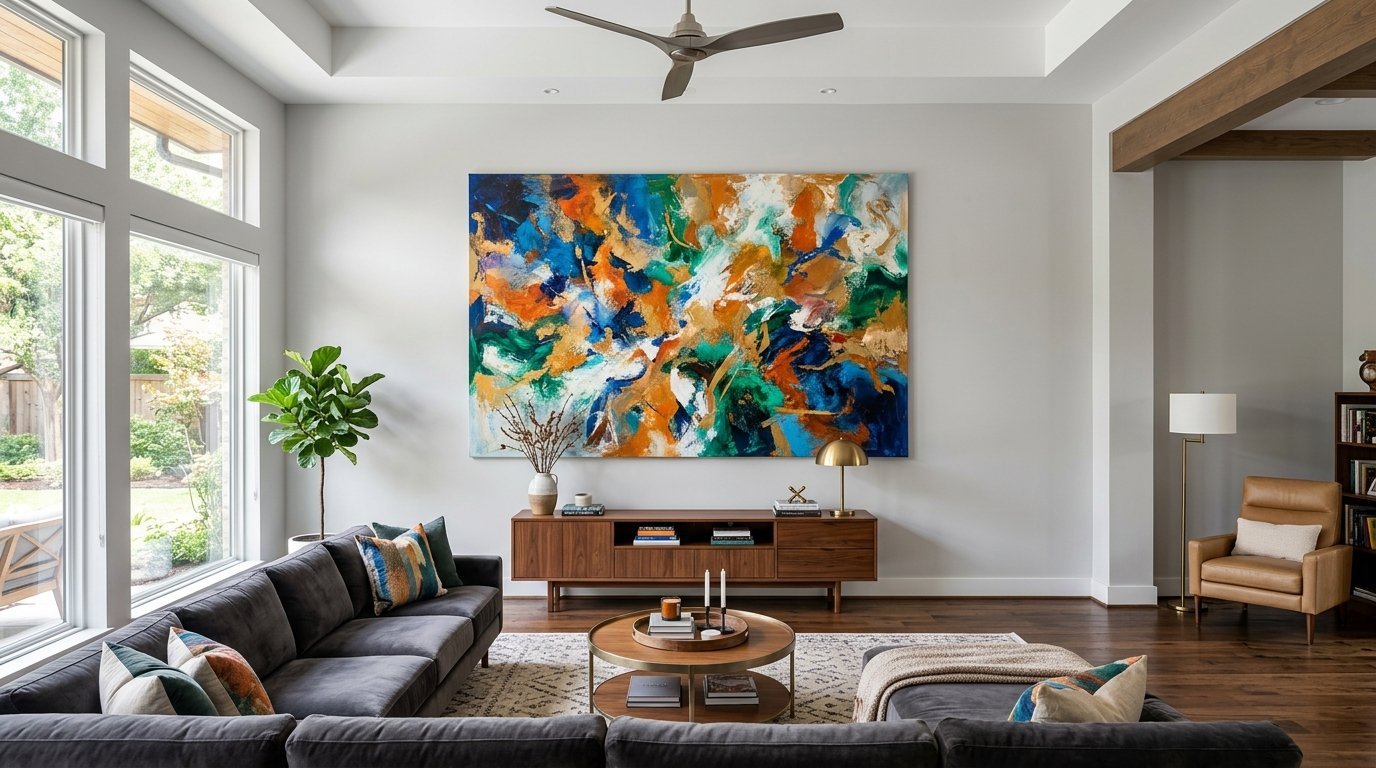 Large colorful abstract canvas hanging in a sunlit living room featuring a dark grey sectional and wooden furniture.