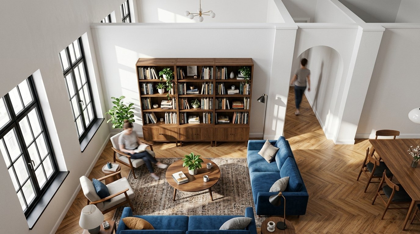 High angle view of a bright living room with two blue sofas, a round coffee table, and tall wooden bookcases.