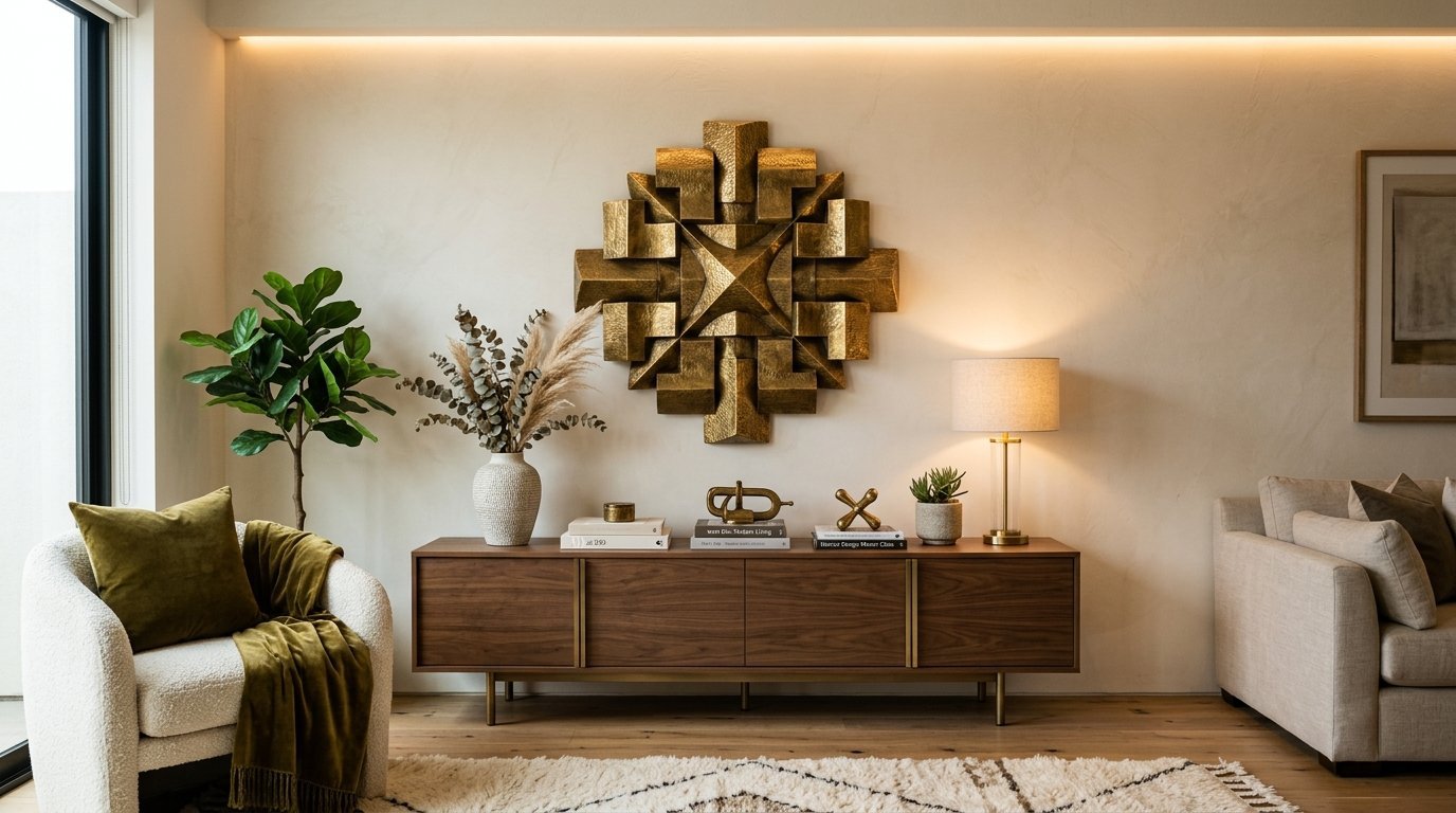 A mid-century modern walnut credenza featuring a sculptural gold wall ornament and minimalist home accessories.