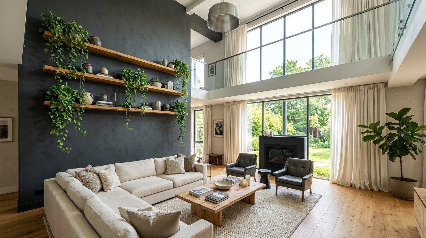 Spacious modern living room featuring a dark accent wall with floating wooden shelves filled with cascading plants.