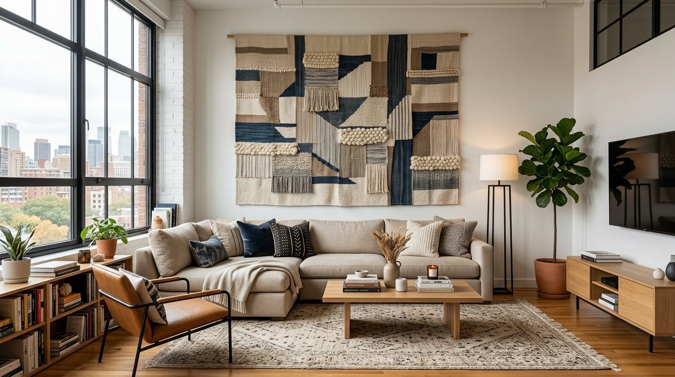Neutral toned sectional sofa under a textured wall hanging in a bright urban apartment with city views.