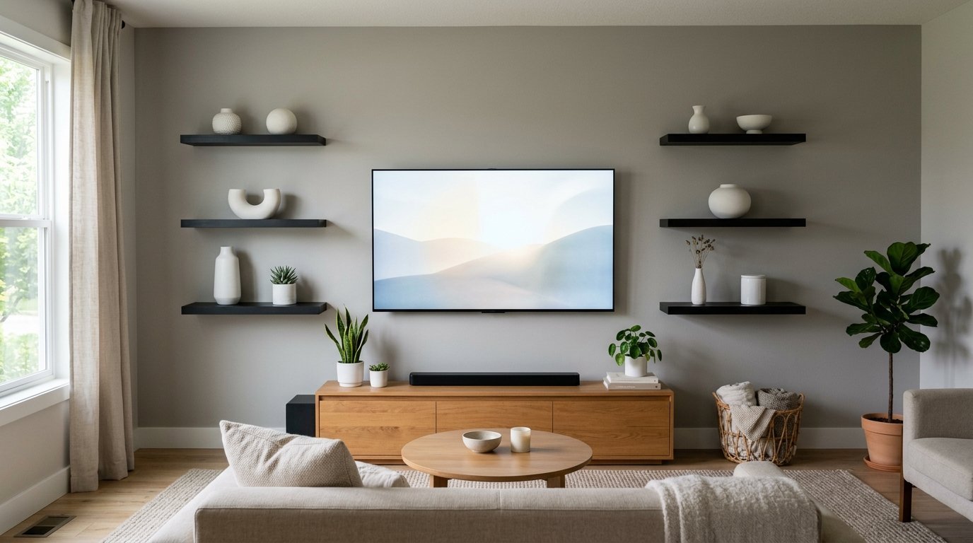 A beige living room with a wall-mounted TV flanked by symmetrical black floating shelves displaying white ceramic vases.