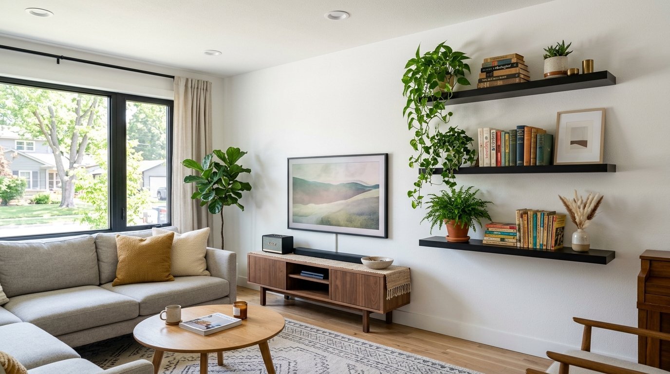 Modern living room with a grey sofa, wood media console, wall-mounted TV, and shelves filled with books and plants.