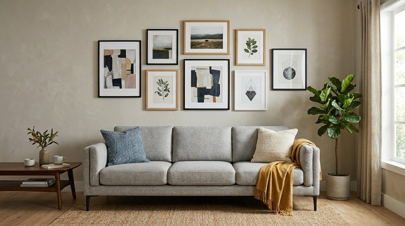 A beige living room featuring a grey couch, textured cushions, a yellow throw blanket, and framed abstract wall art.