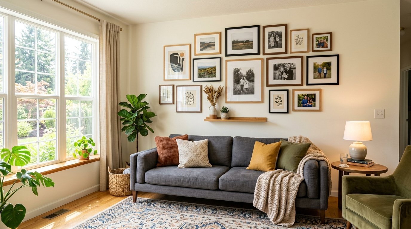 Grey sofa with colorful throw pillows under a wall display of framed family photos and botanical art.