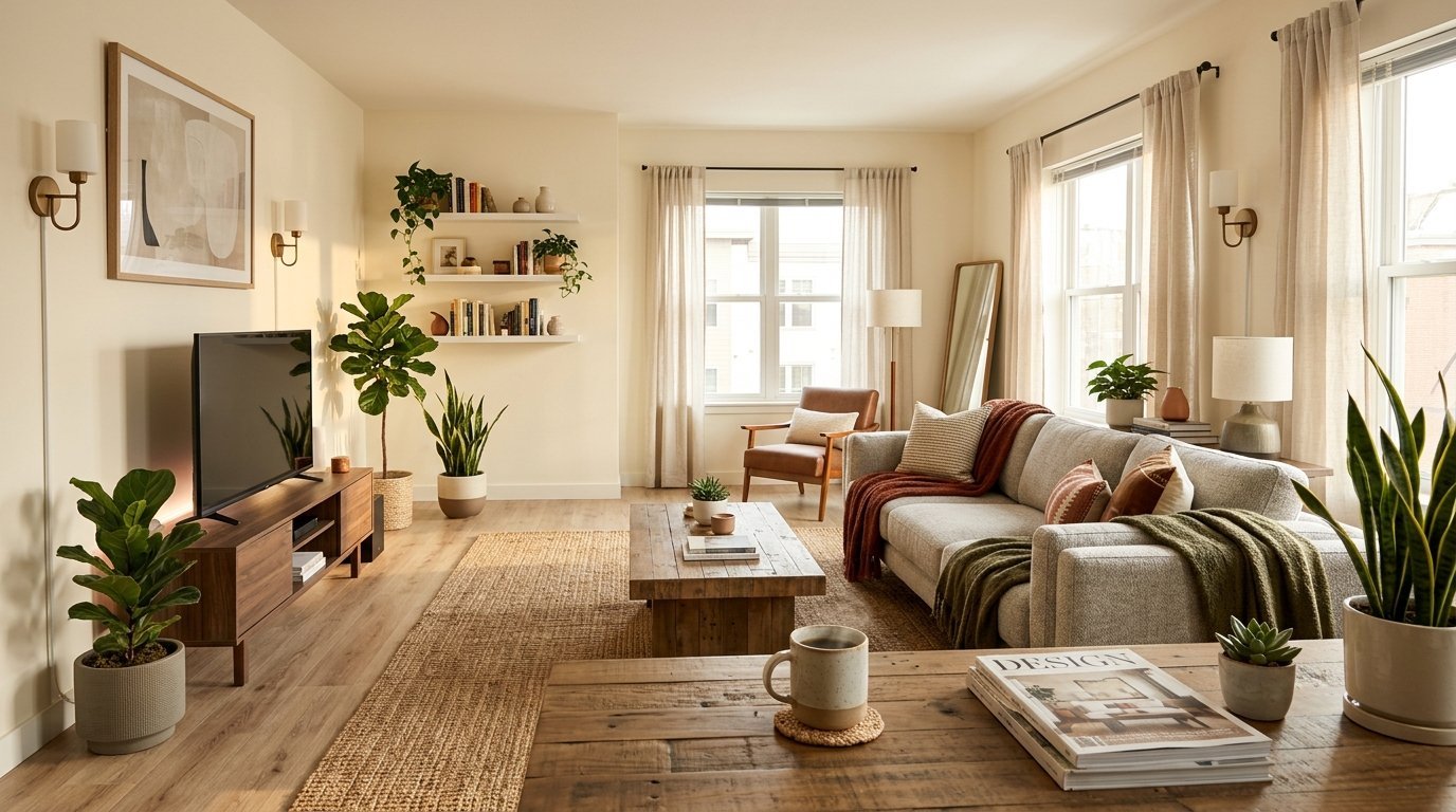 A bright, airy living room featuring a grey couch, wooden coffee table, television, and various potted houseplants.