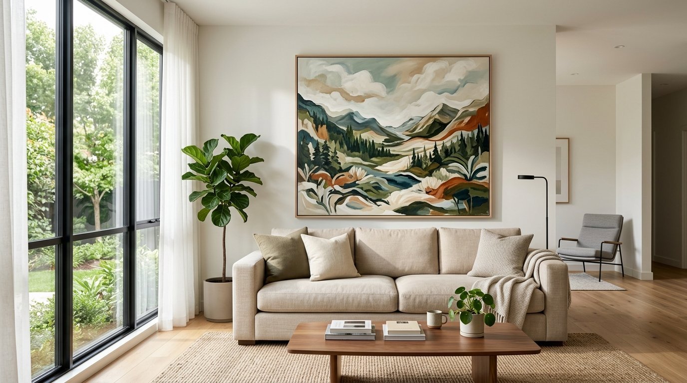 A beige couch sits under a large landscape art piece in a bright room with a fiddle leaf fig and wood coffee table.