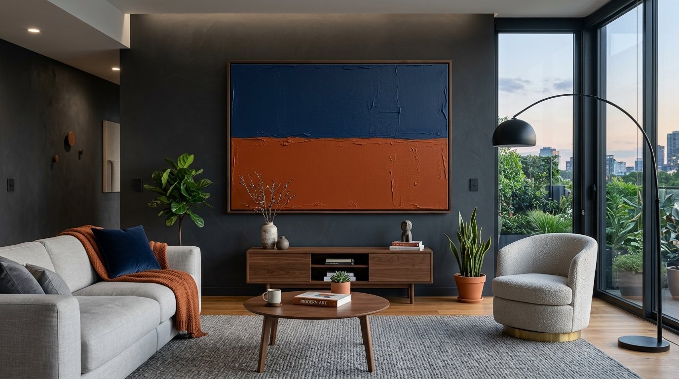 Modern living room with a two-toned abstract painting, light sofa, bouclé chair, and wooden coffee table.