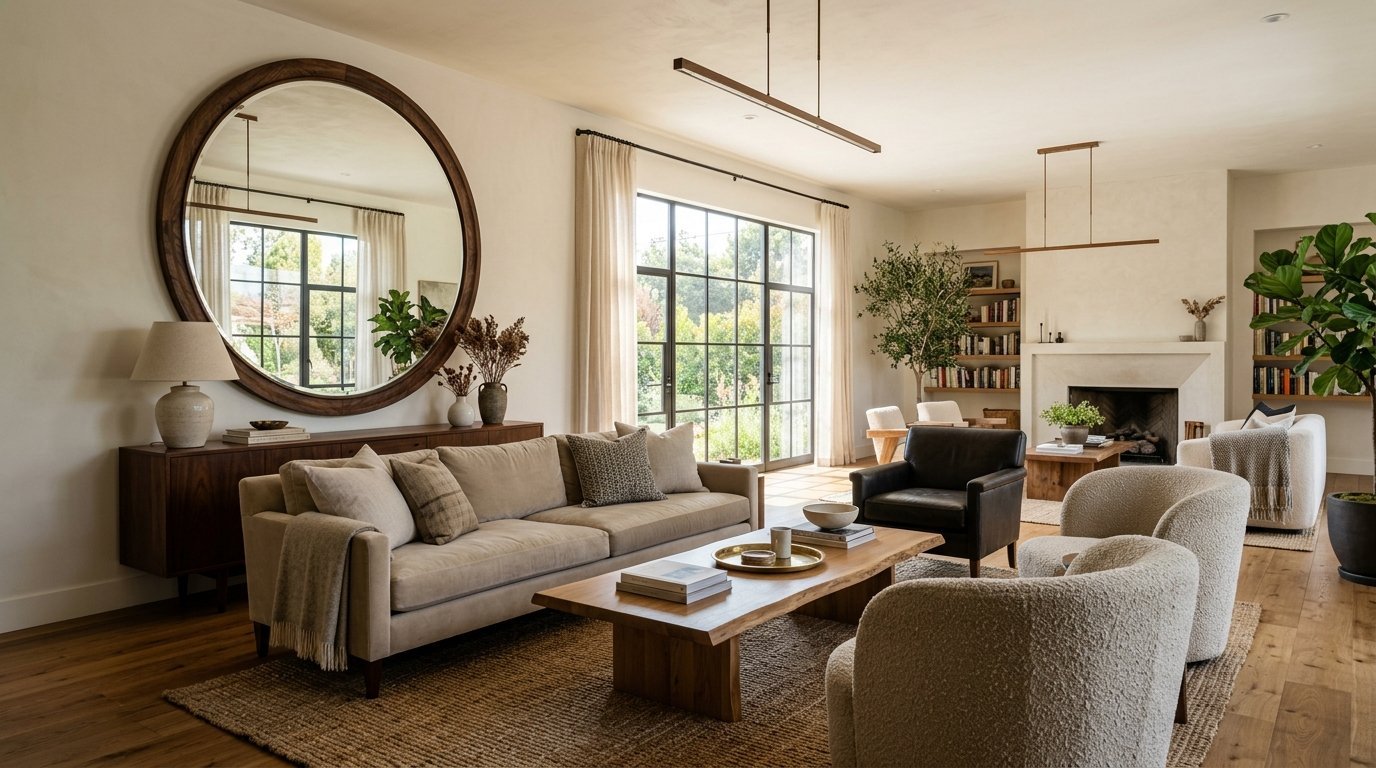 A spacious living room with neutral beige furniture, wood coffee table, and large circular mirror over a console table.