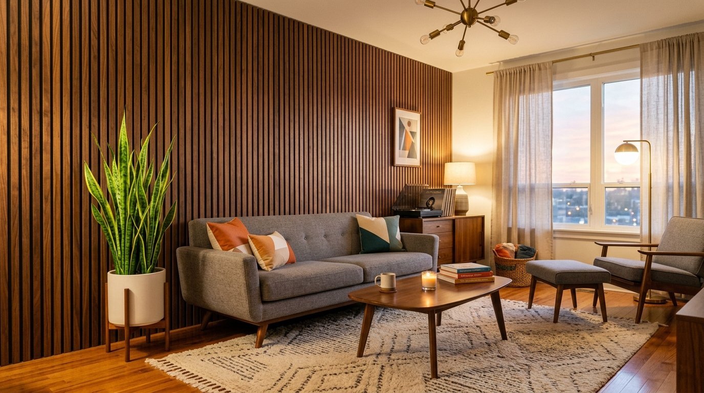 A grey sofa, wooden coffee table, and tall snake plant in a bright, mid-century modern style living room.